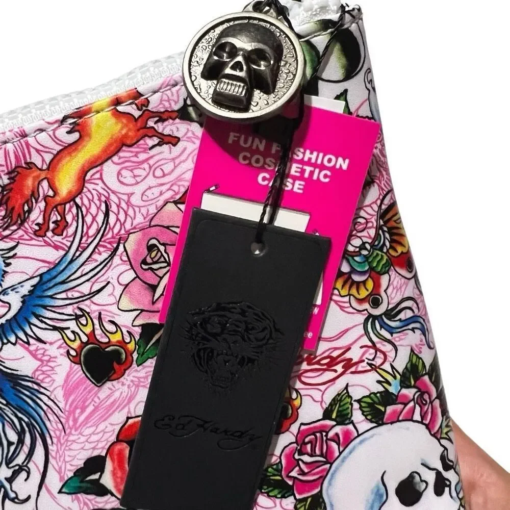NWT Y2K Ed Hardy Tattoo Graphic Print Canvas White Pink Skull Floral Flame